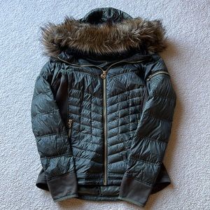 Michael Kors Olive Green Lightweight Down Fake Fur Jacket